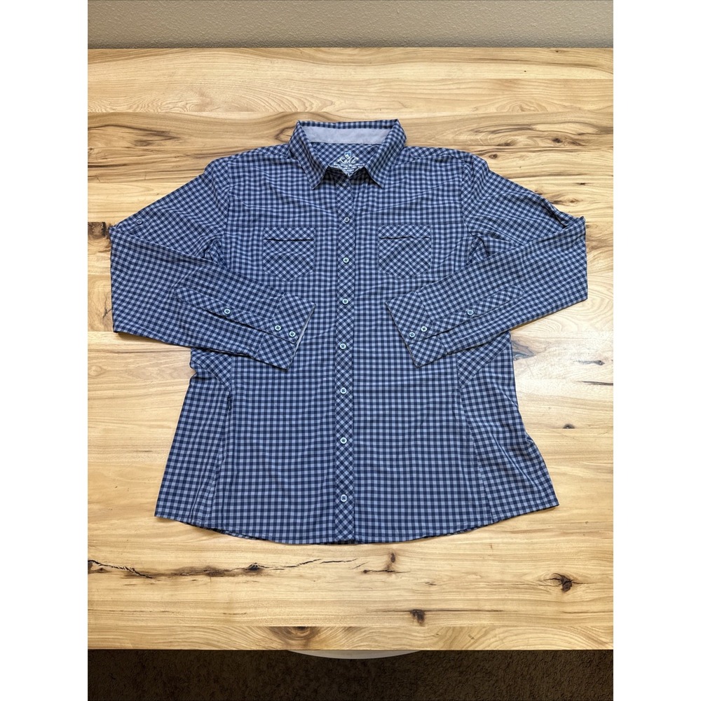 Kuhl Women's Shirt Ezra Blue Check Stretch Gingham Button Up Long Sleeve Large